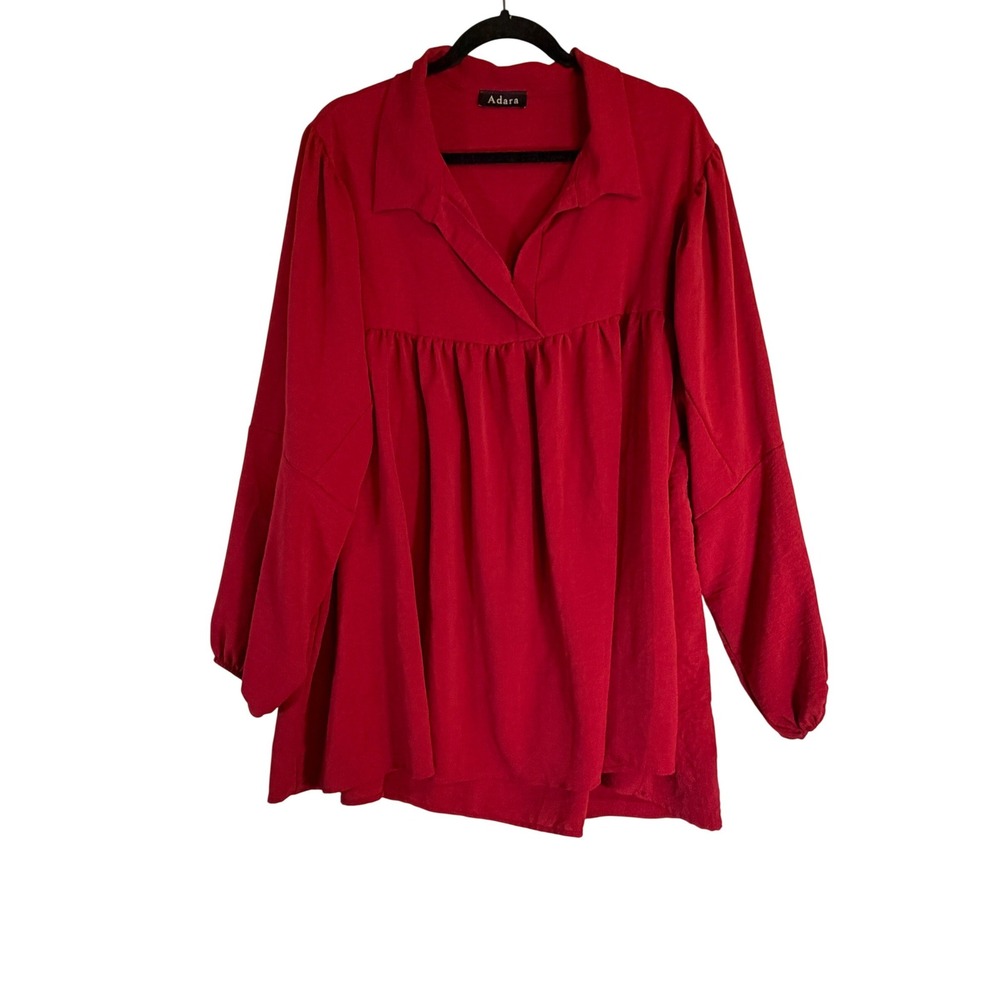 Adara Red Babydoll Tunic Top Long Balloon Sleeve V-Neck Collared Relaxed Fit